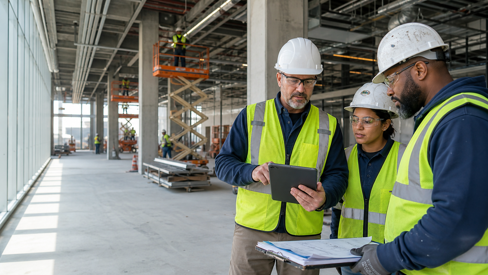 Construction supervisors coordinating field work with a tablet on an active commercial project